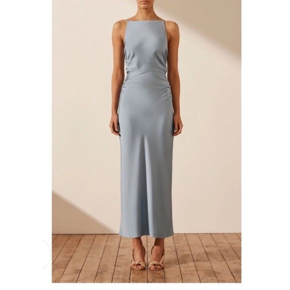 Shona Joy Luxe Dress Azure High Neck Ruched Midi Dress Sz US 4 Bridesmaids